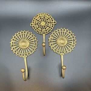 Ornate Solid Brass Wall Hooks Set 3 Hangers Hooks Key Holder Mandala Round Sun